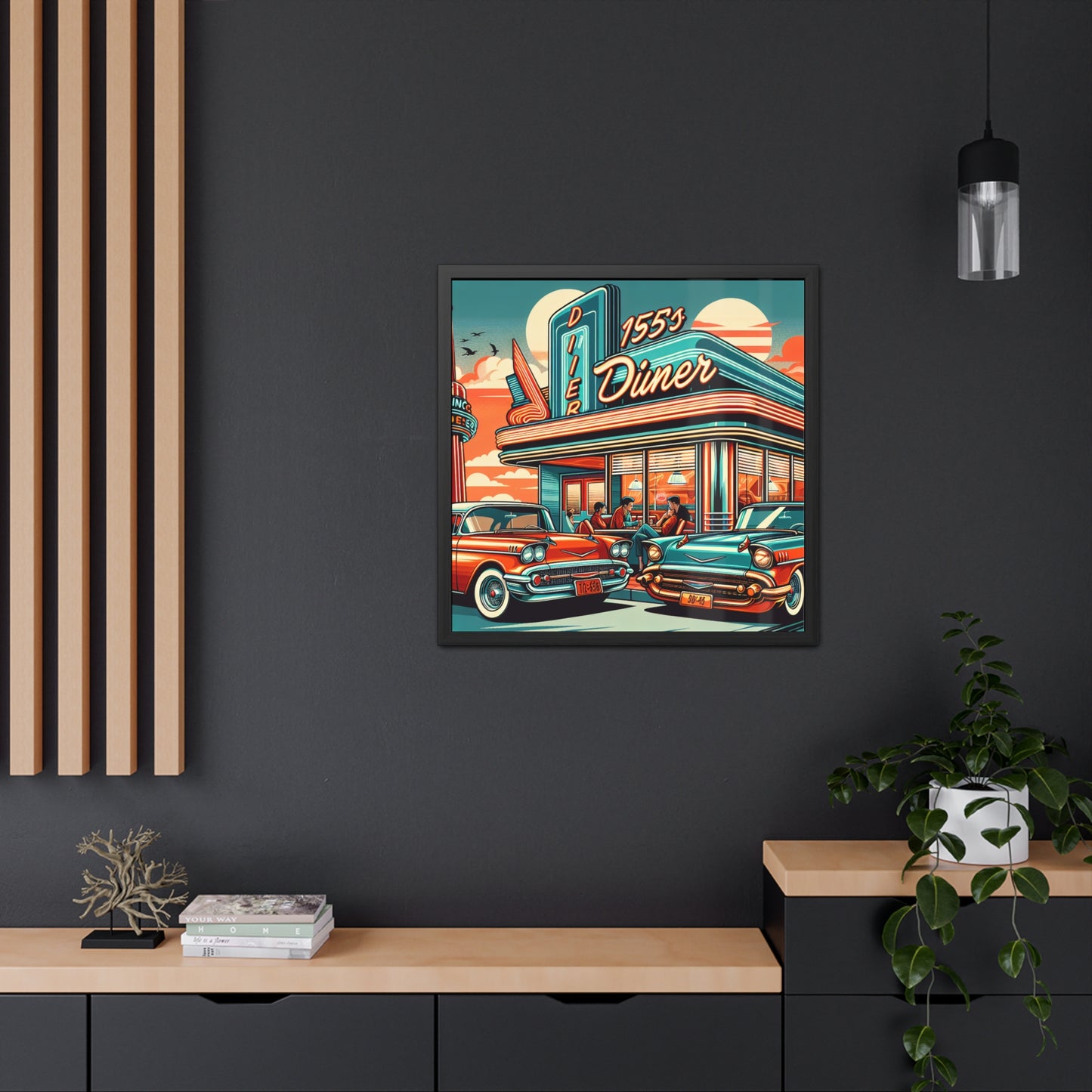 "Retro Radiance: 1950's Diner & Classic Cars Framed Poster" - Framed Poster