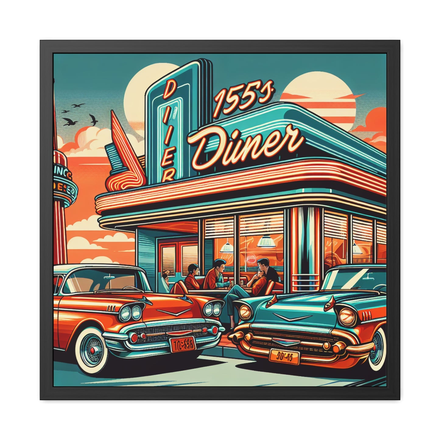 "Retro Radiance: 1950's Diner & Classic Cars Framed Poster" - Framed Poster