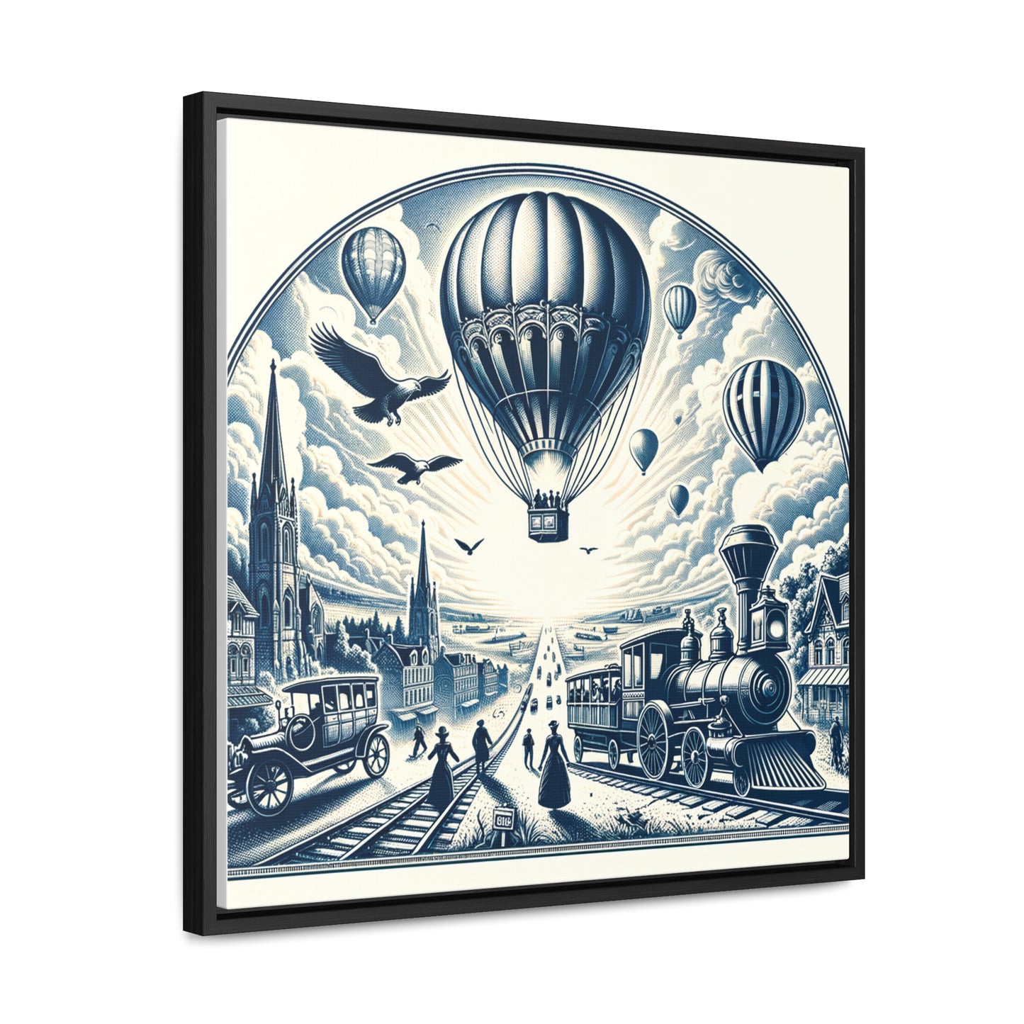"Victorian Balloon Voyage Print" - Framed Canvas