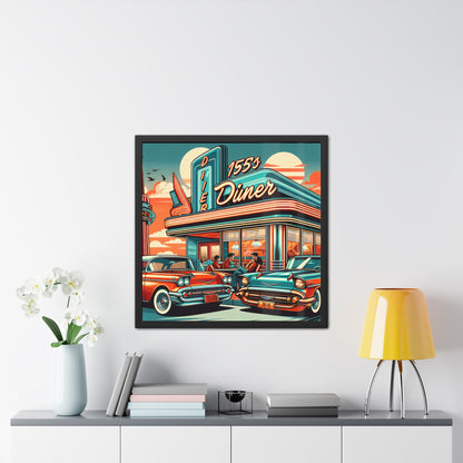 "Retro Radiance: 1950's Diner & Classic Cars Framed Poster" - Framed Poster